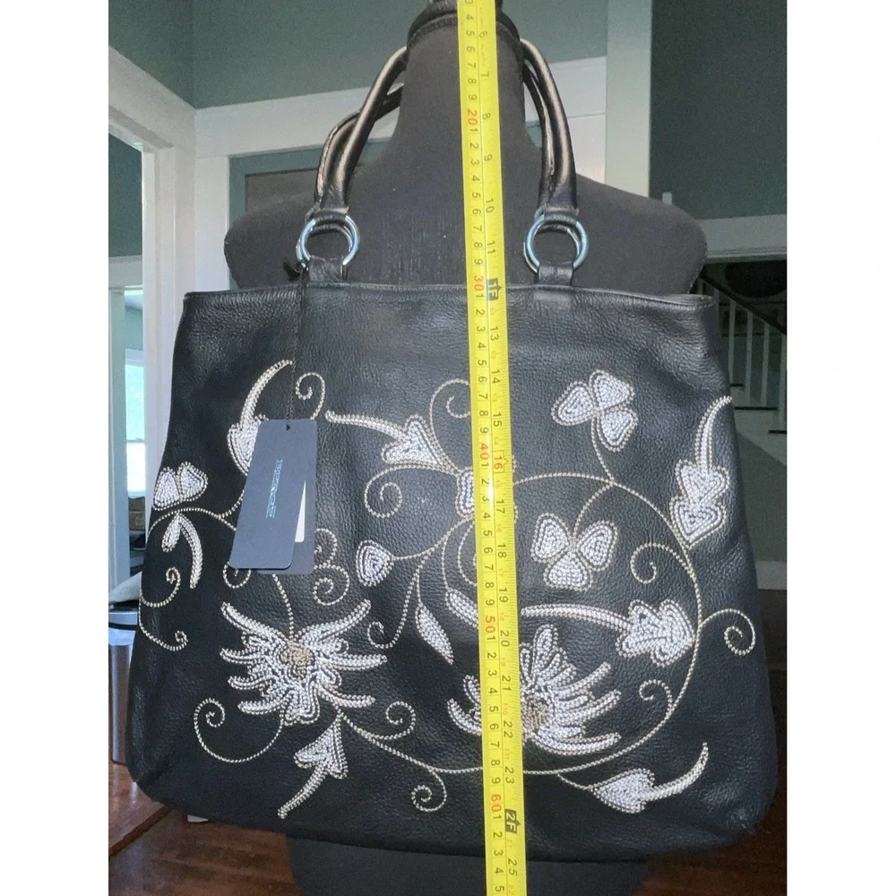 VTG BERGE BLACK Leather Shoulder Bag Hobo Purse Embroidered‎ Floral ITALY NICE